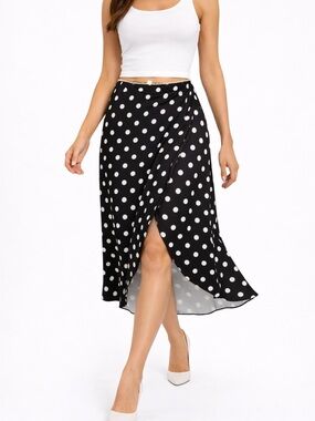 Moa Moa Black and White Polka Dot Wrap Midi Skirt
